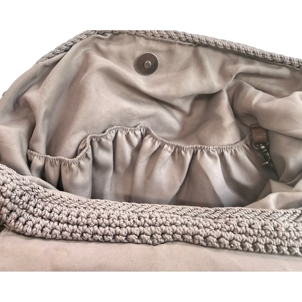 The Sak Avalon Crochet Convertible Backpack Taupe Leather Trim Boho Front Zip
